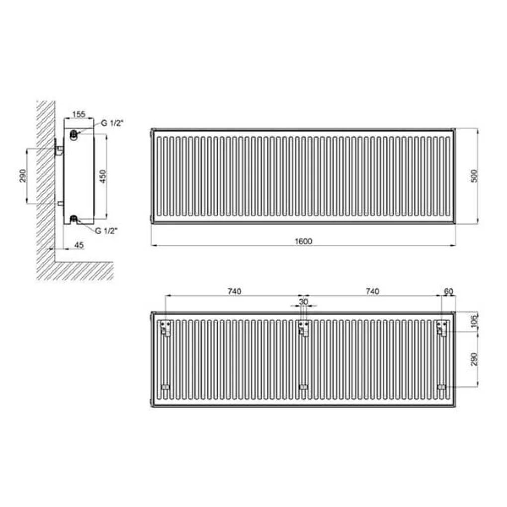 Стальной панельный радиатор Aquatronic 33 тип 500x1600 боковое подключение- Фото 2