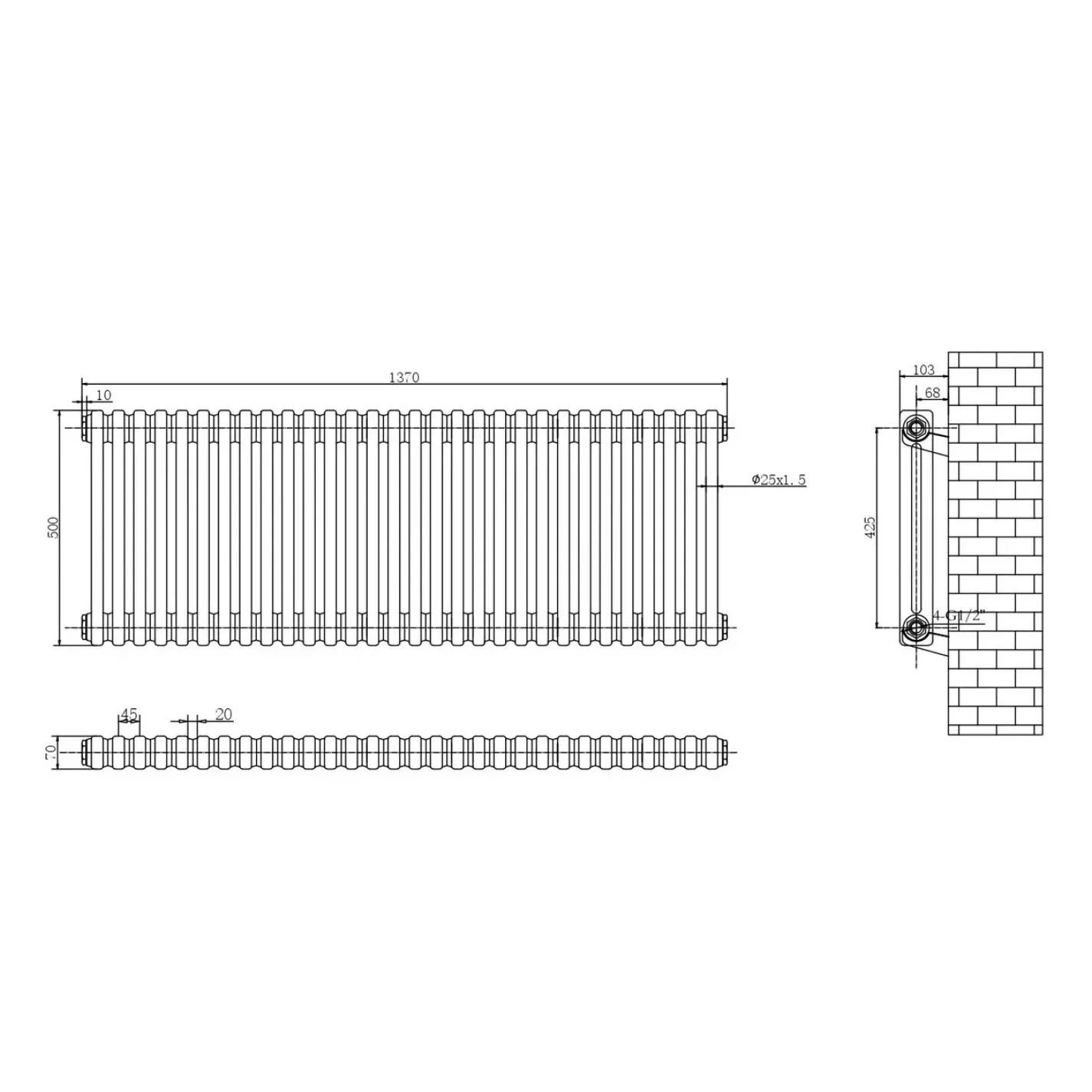 Трубчастый радиатор Arttidesign Bari II G 30/500/1370 горизонтальный чорный матовый (BR II G.30.50.137.B) - Фото 2