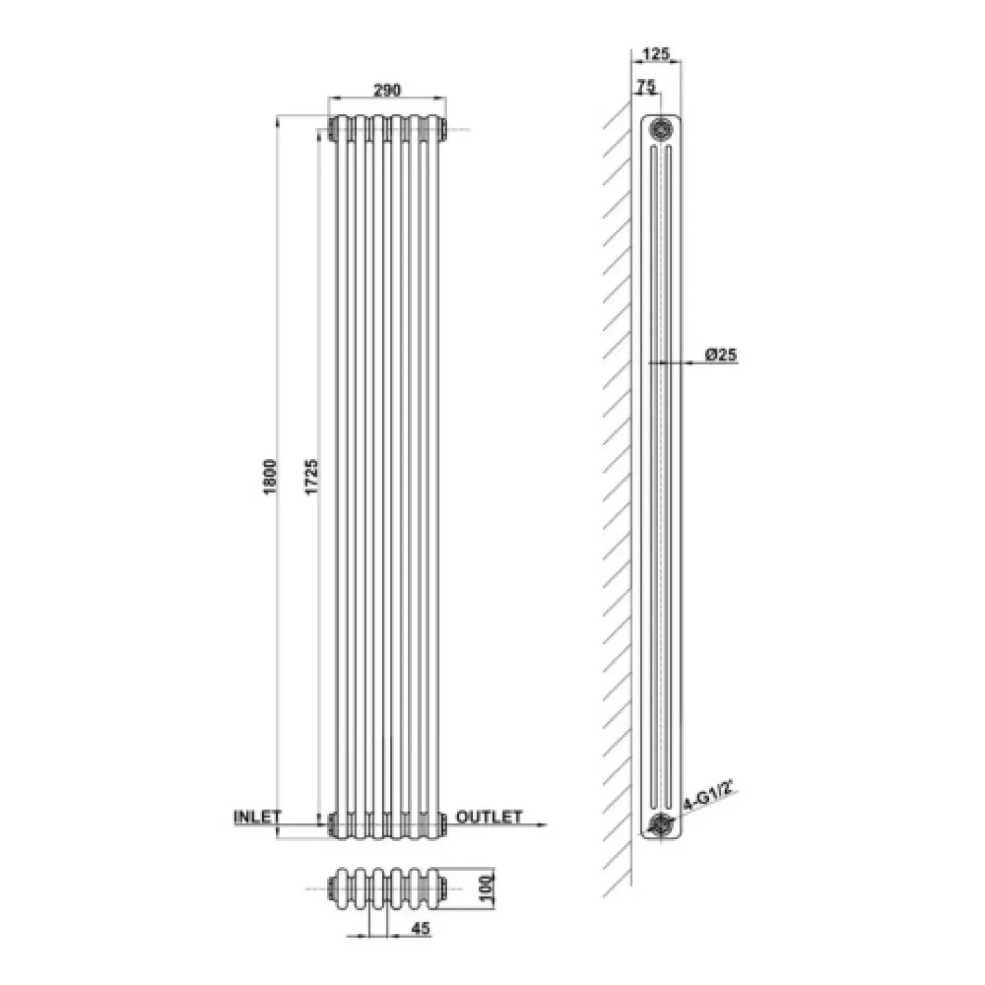 Трубчастый радиатор Arttidesign Bari III 6/1800/290 вертикальный черный - Фото 4