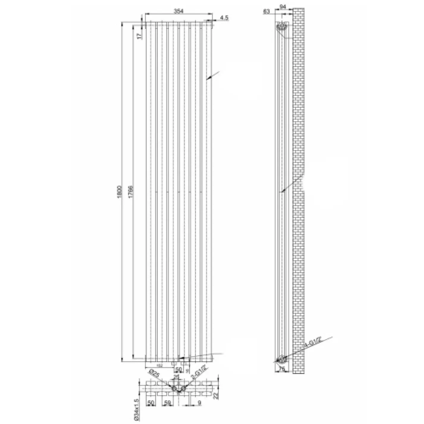 Трубчастый радиатор Arttidesign Terni II 6/1800/354/50 вертикальный белый - Фото 3