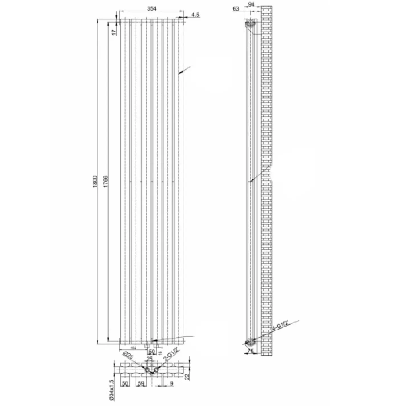 Трубчастый радиатор Arttidesign Terni II 6/1800/354/50 вертикальный белый - Фото 4