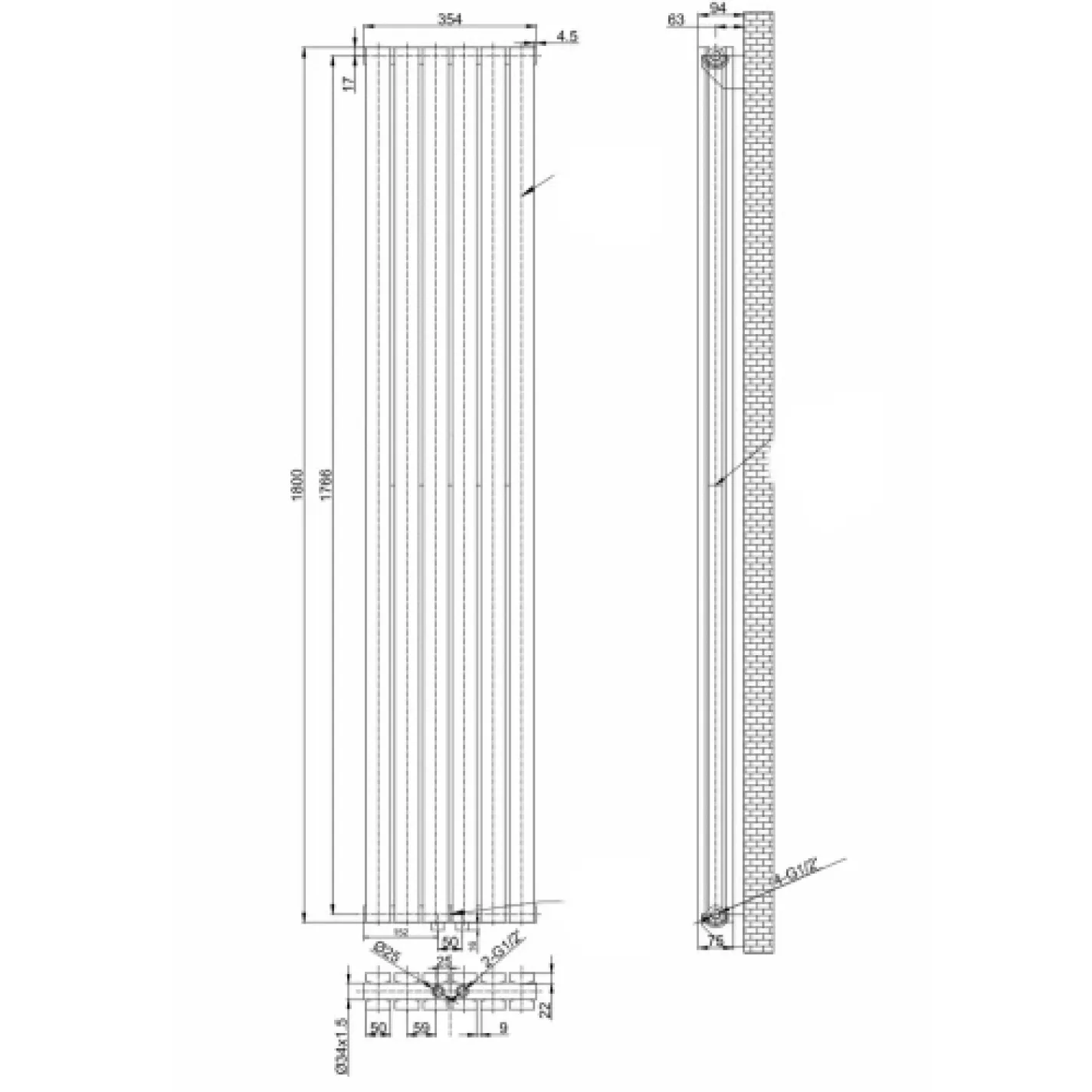 Трубчастый радиатор Arttidesign Terni II 6/1800/354/50 вертикальный черный - Фото 3