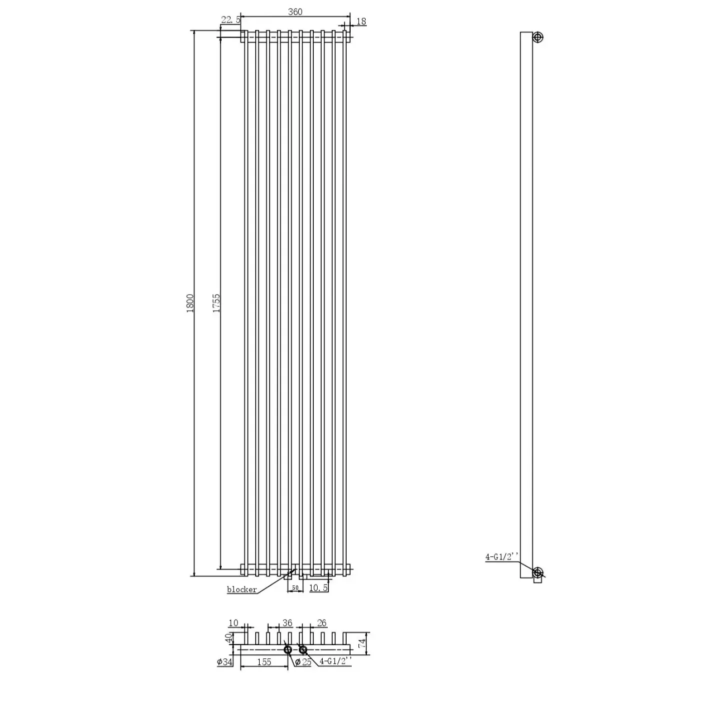 Трубчастый радиатор Arttidesign Pesaro 10/1800/360/50 вертикальный черный матовый (PE.10.180.36.5.B) - Фото 3
