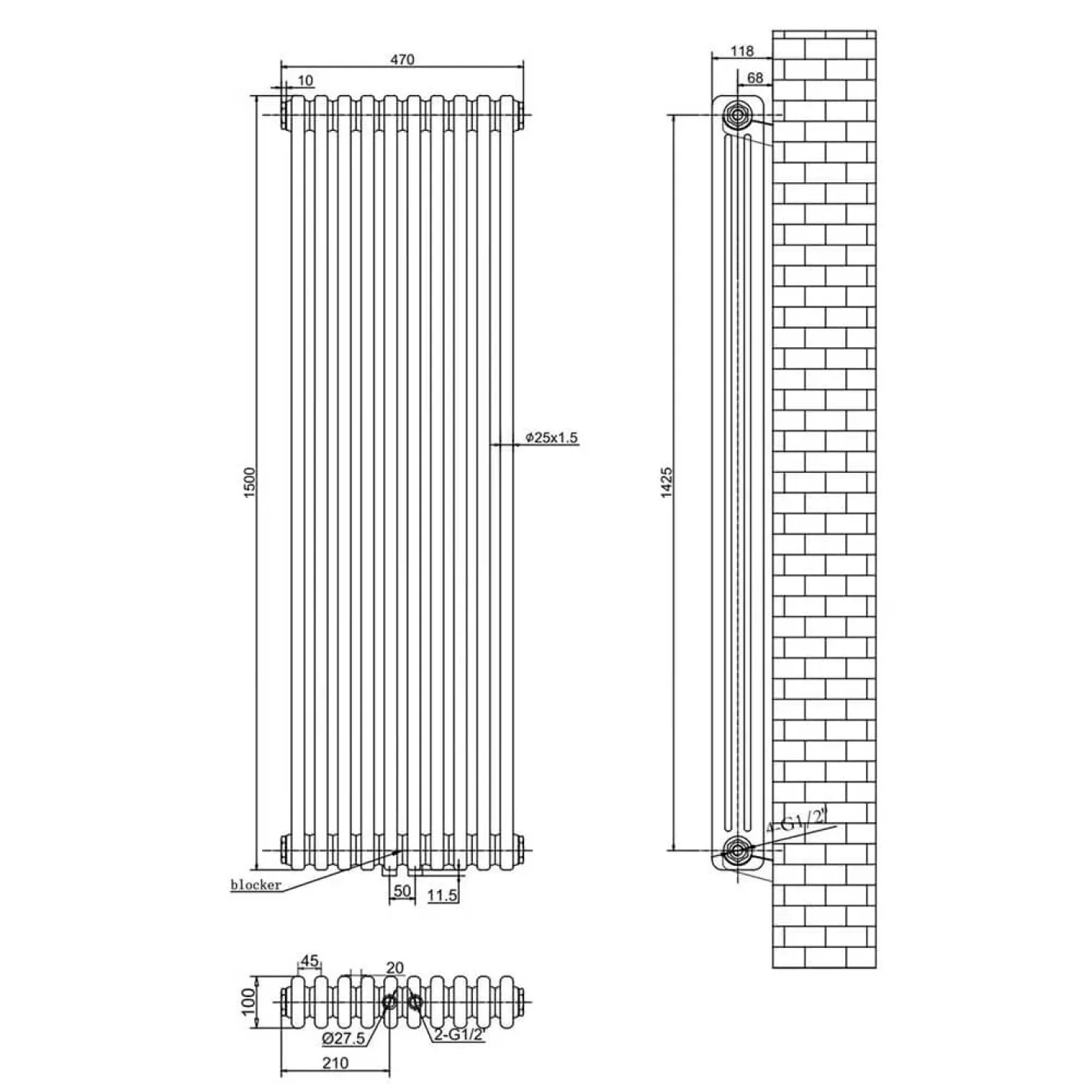 Вертикальний радіатор Arttidesign Bari III 10/1500/470/50 чорний матовий - Фото 3