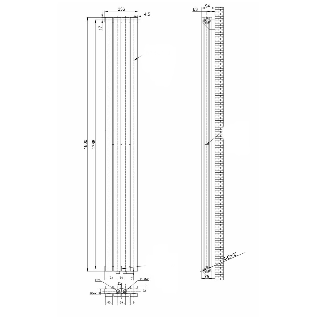 Трубчастый радиатор Arttidesign Terni II 4/1800/236/50 вертикальный серый матовий (TR II.4.180.23.5.G) серый- Фото 5