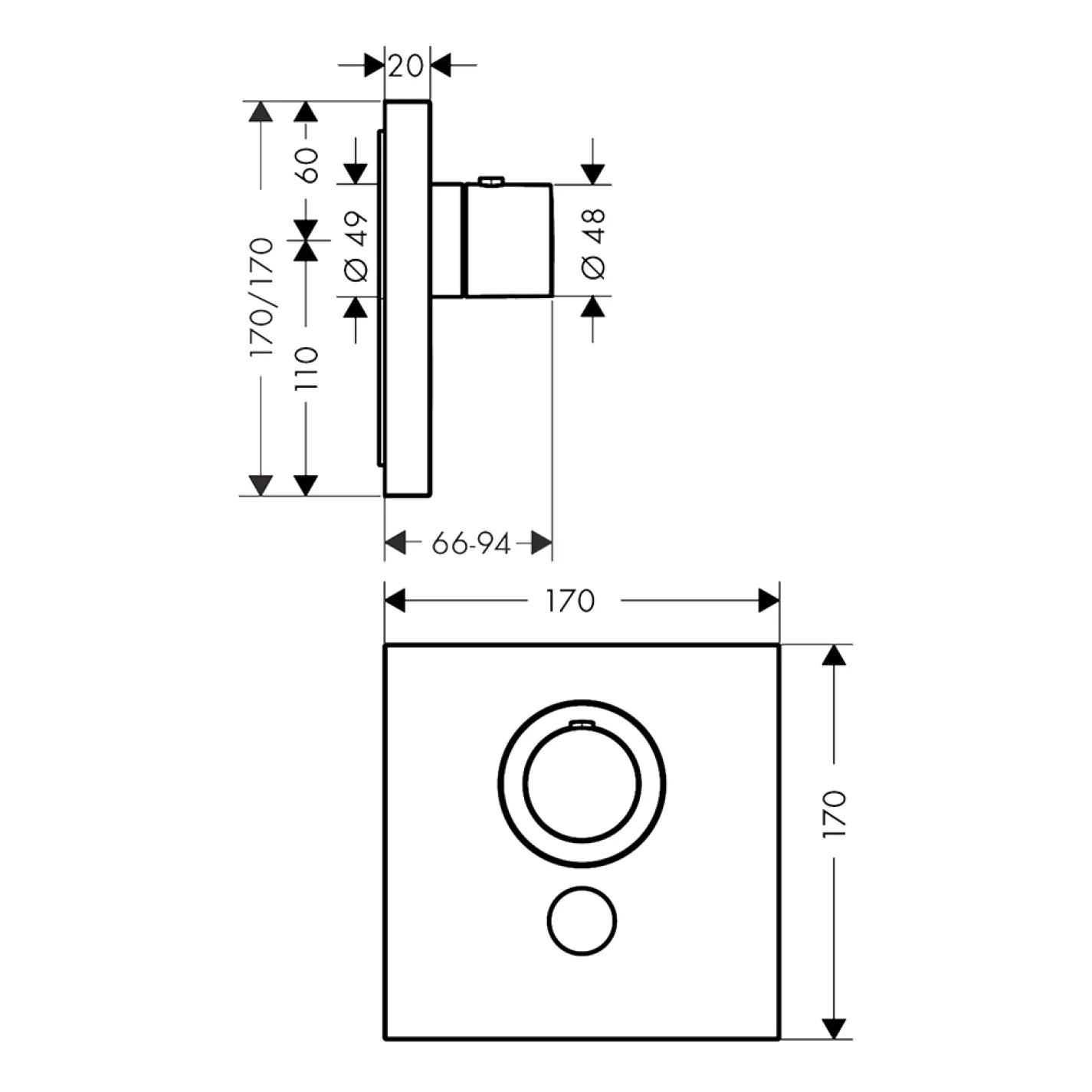 Термостат для душа Axor Shower Select Highflow square на 1 режим и дополнительный выход, хром - Фото 1