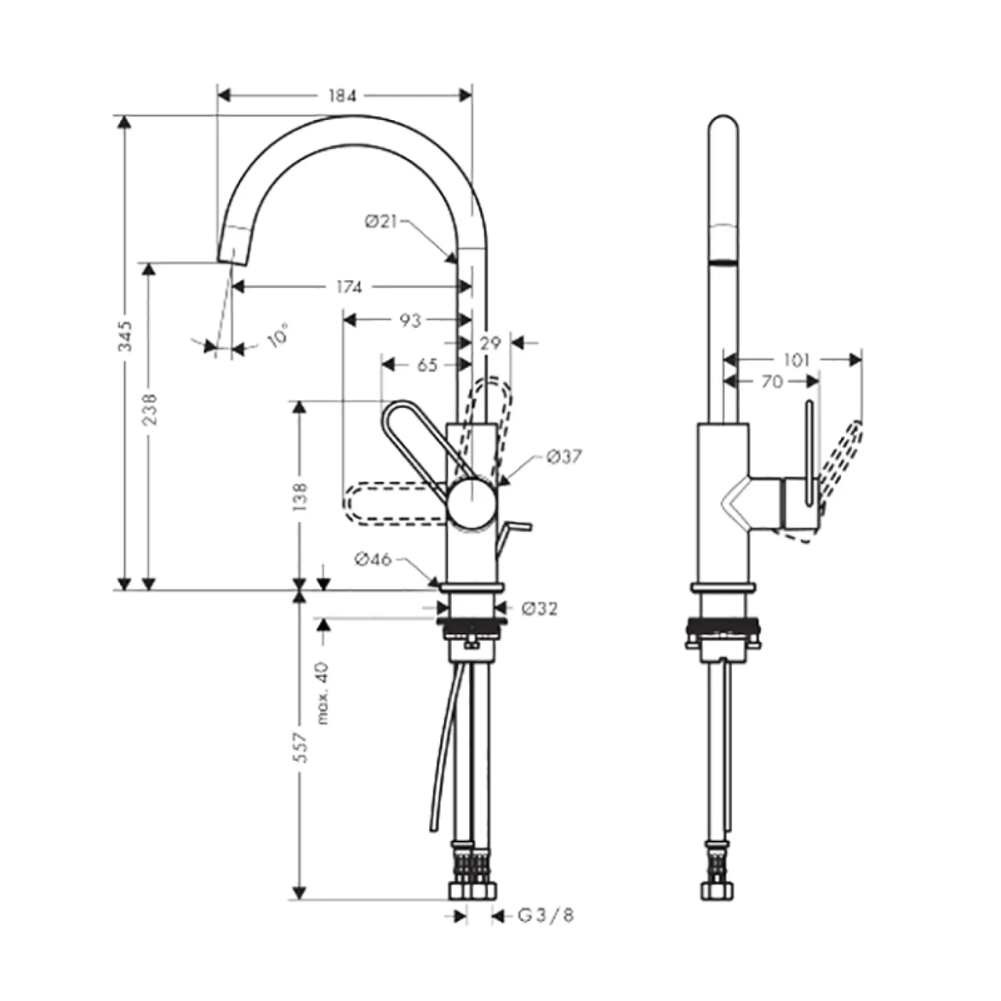 Змішувач для умивальника Axor UNO 238 мм, з ручкою і донним клапаном, хром - Фото 1