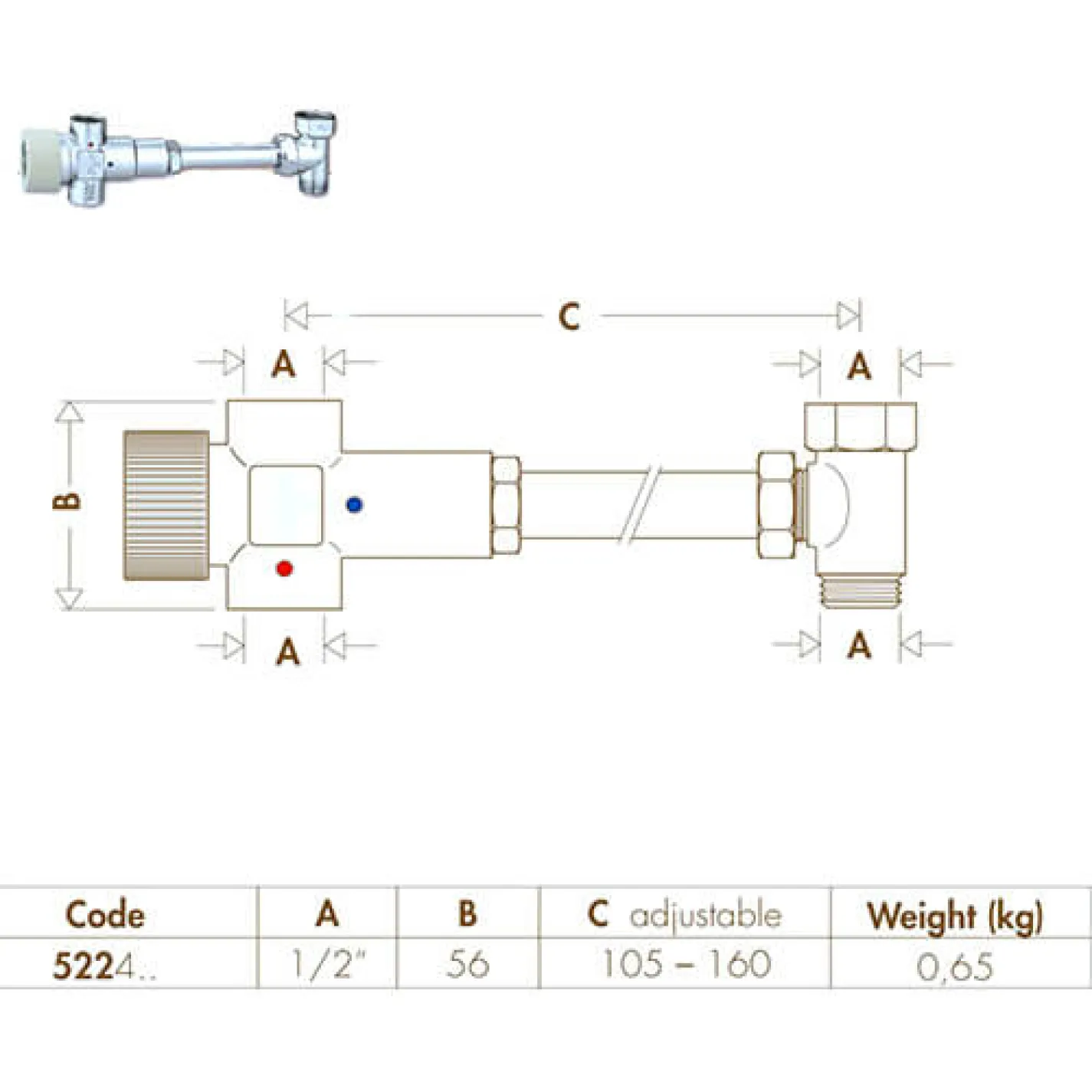 Регулируемый термостатический смеситель Caleffi 1/2 30-48°C (522430) - Фото 1