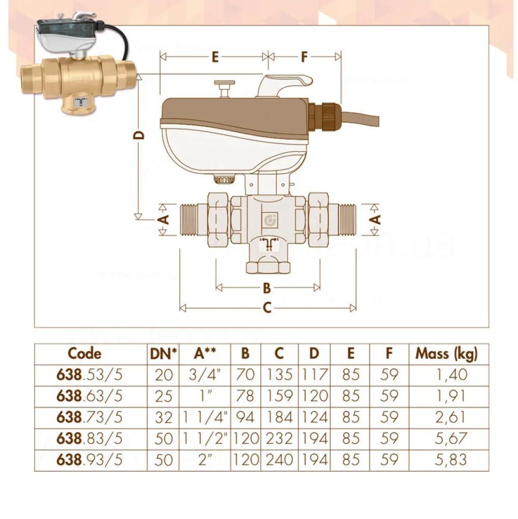 Кран шаровой 3-ходовой сервоприводом Caleffi 638 1" L-образный (638063)- Фото 2