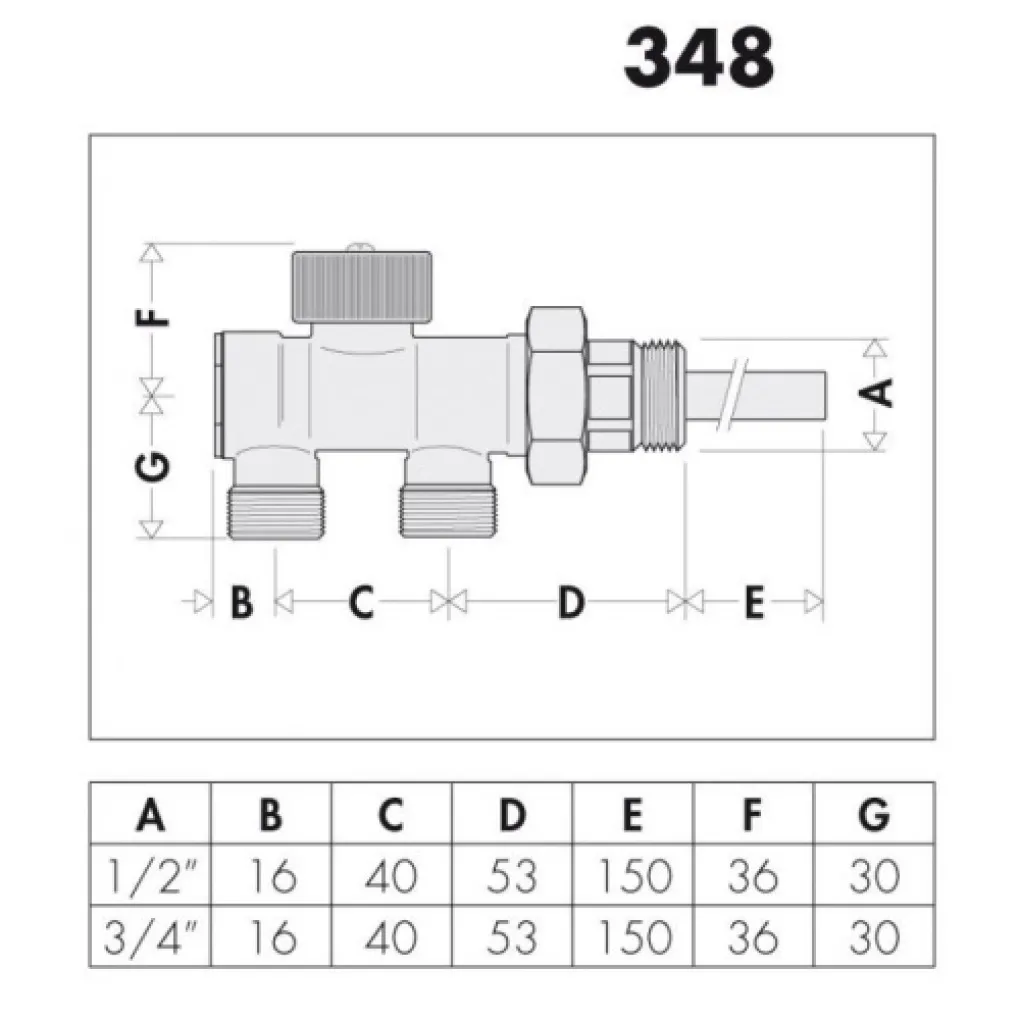 Кран нижнього підключення Caleffi горизонтальний 3/4"x23p.x1,5 (348500)- Фото 2
