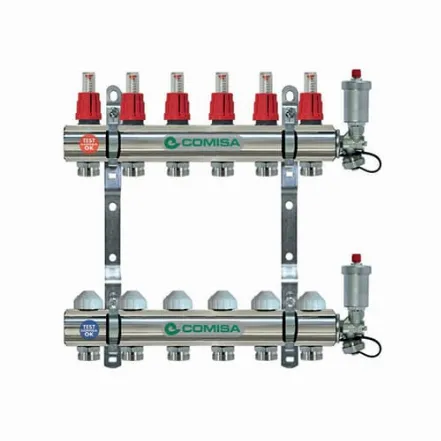 Колектор для теплої підлоги Comisa 1x3/4 на 6 контурів з витратоміром та повітряними клапанами нержавіюча сталь