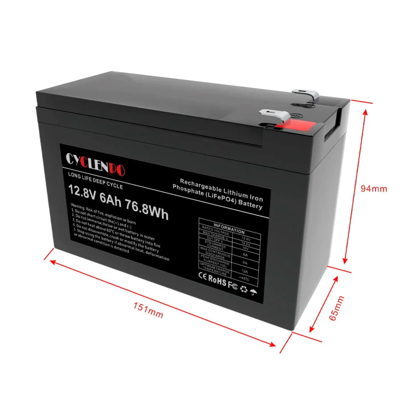 Акумуляторна батарея літій-залізо-фосфатна Cyclen 12.8В 6Аг 12.8V 6AH LiFePo4 (44-00079) - Фото 3