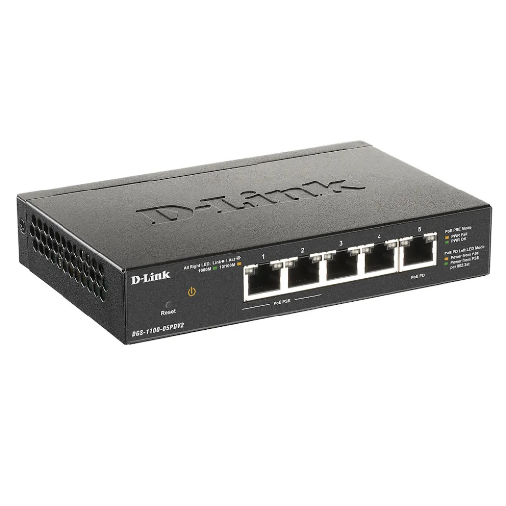 Коммутатор D-Link DGS-1100-05PD 5xGE, 2xGE, 2xGE PoE, 1xGE PD, 18Вт- Фото 1