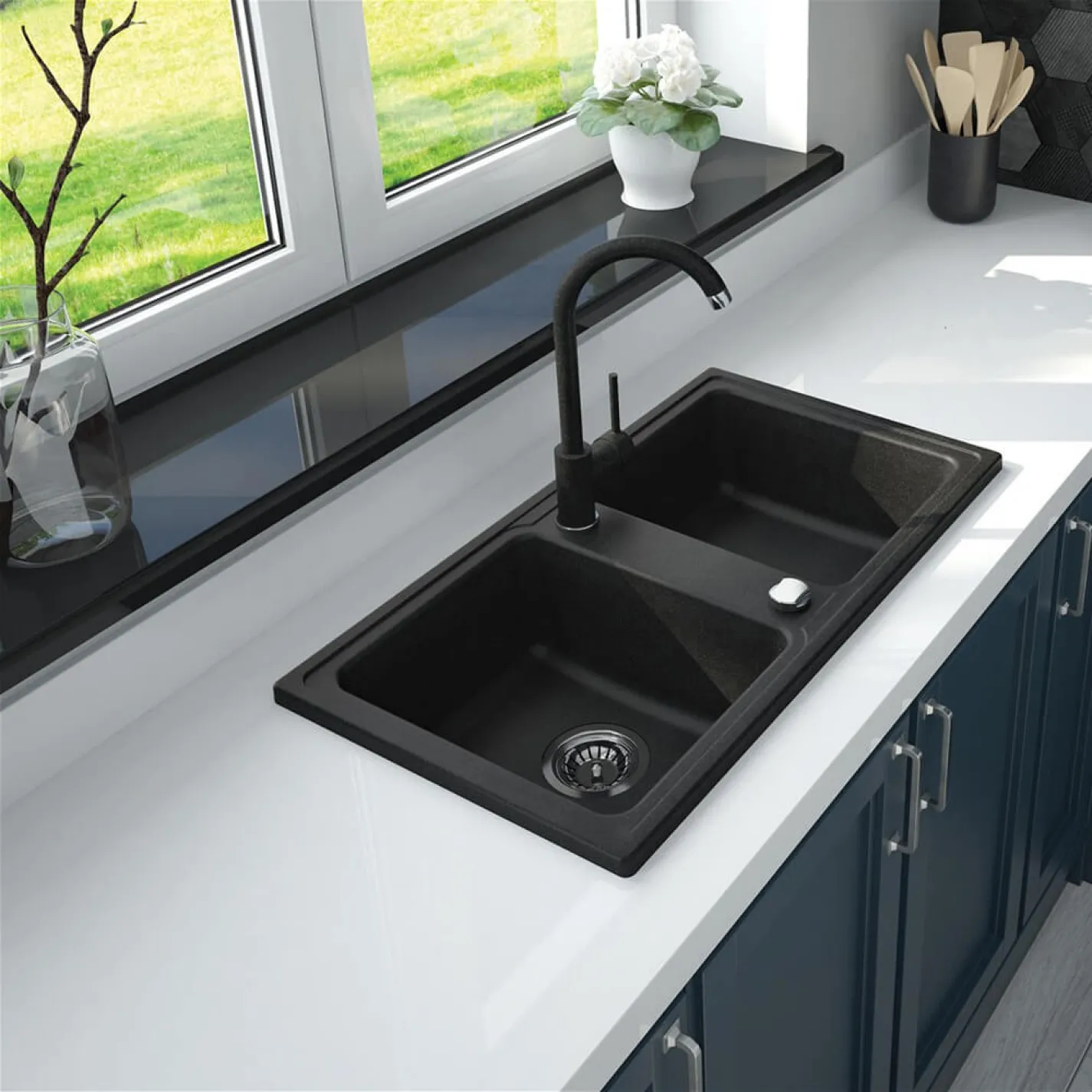 Мийка кухонна Deante Zorba, граніт, прямокут., без крила, накладна, чорний (ZQZ_N203) - Фото 2