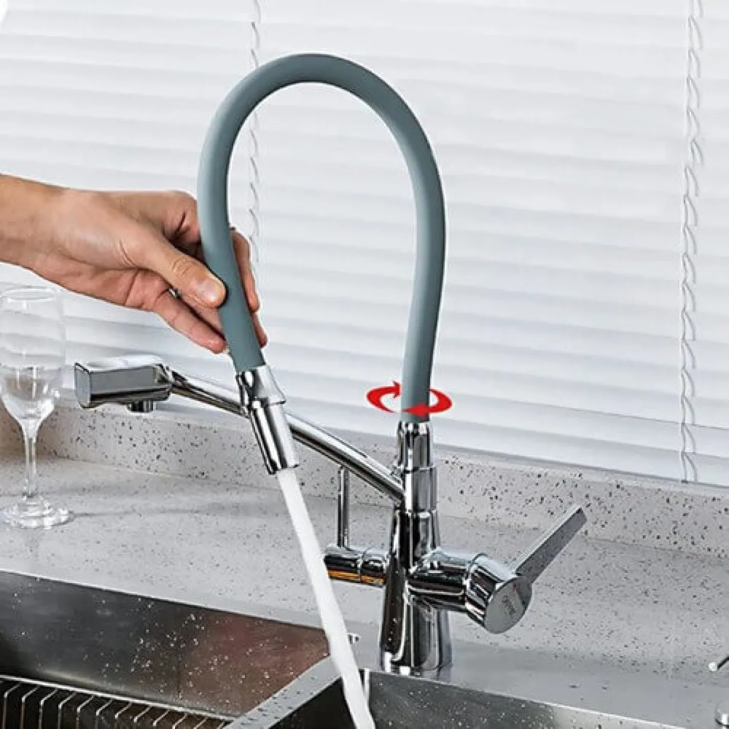 Смеситель для кухни Gappo G4398-17 на две воды с гибким изливом, серый - Фото 2