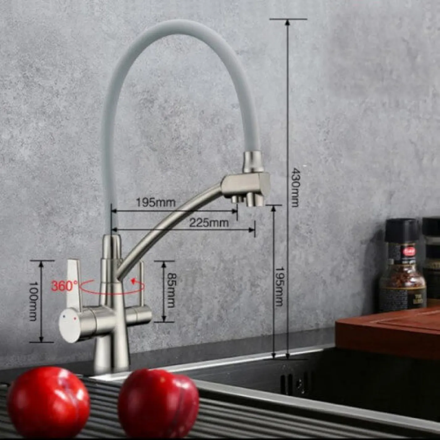 Смеситель для кухни Gappo G4398 на две воды с гибким изливом, серый/сатин - Фото 2