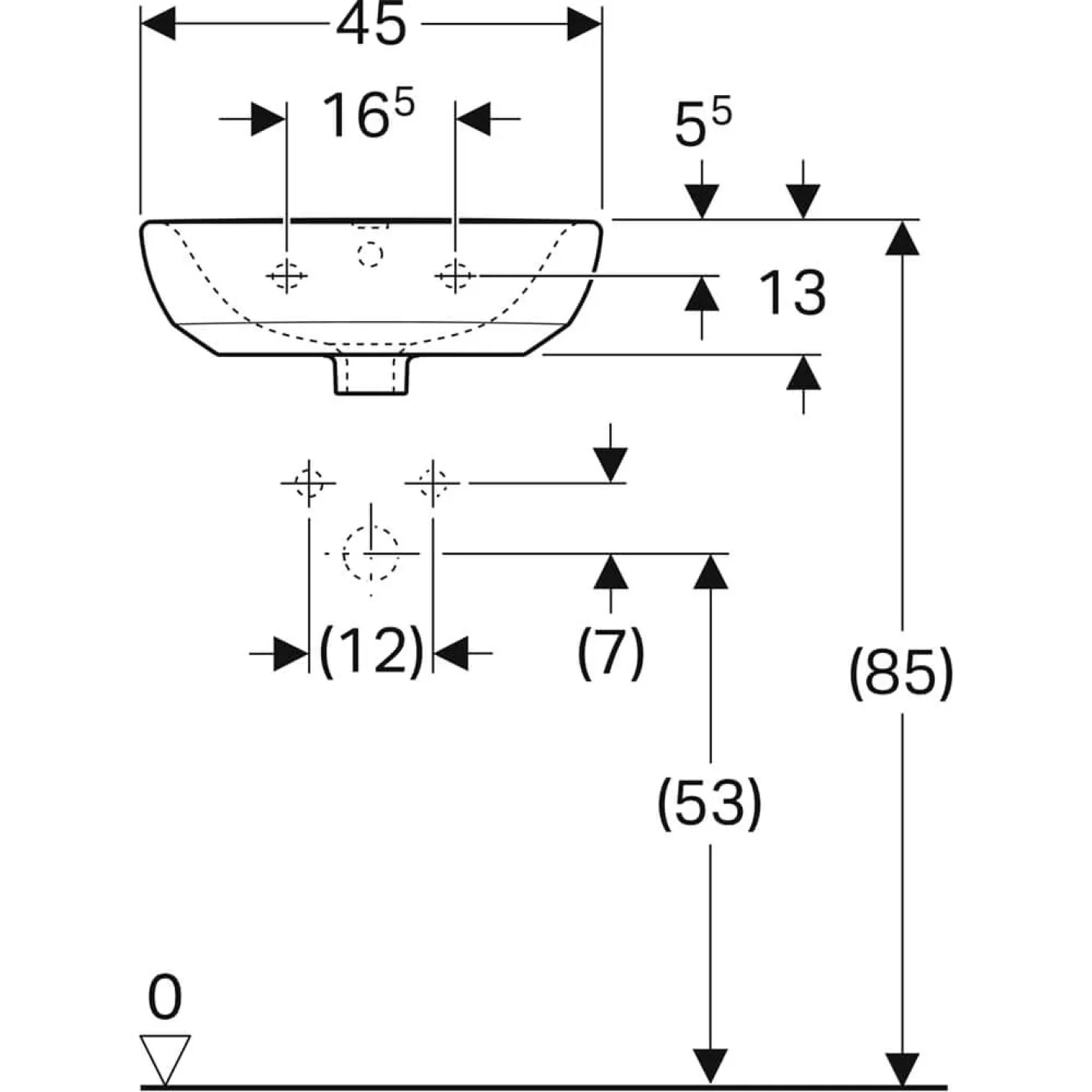 Рукомийник Geberit Selnova: Білий, B=45см, H=17см, T=37см, Отвір для змішувача=В центрі, Перелив=Вид - Фото 3