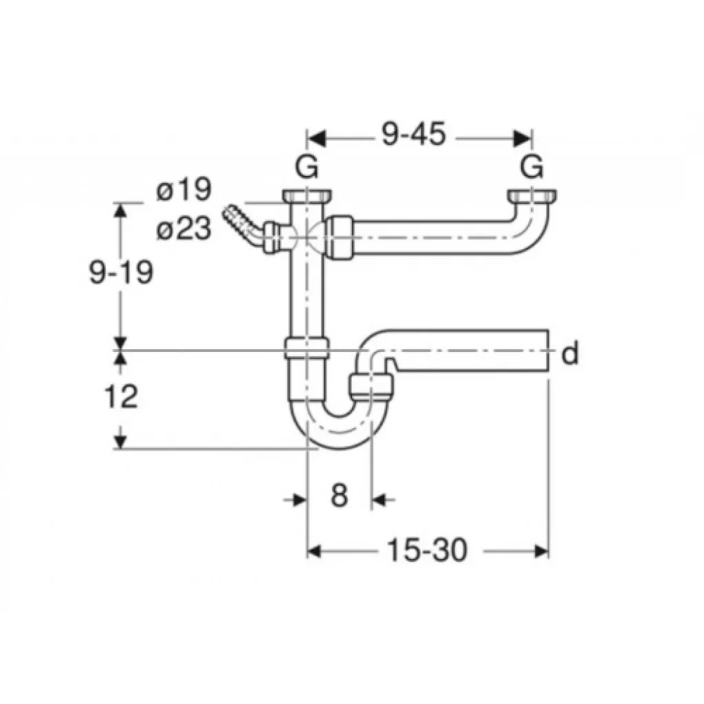 Сифон для двойной кухонной раковины Geberit с угловым соединителем, длинный (152.597.11.1)- Фото 2