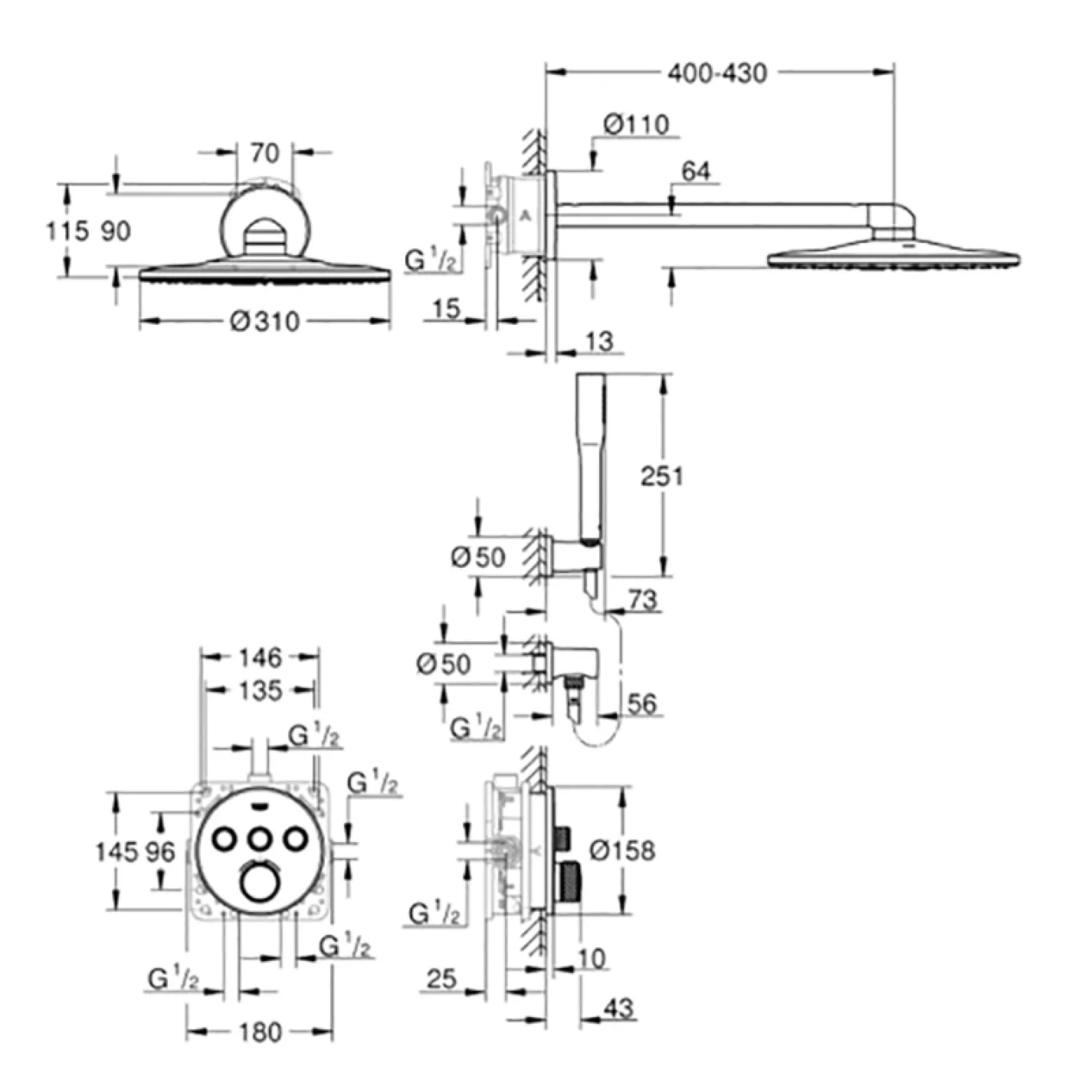 Душова система прихованого монтажу Grohe Grohtherm SmartControl 310 мм, хром (34705000) - Фото 1