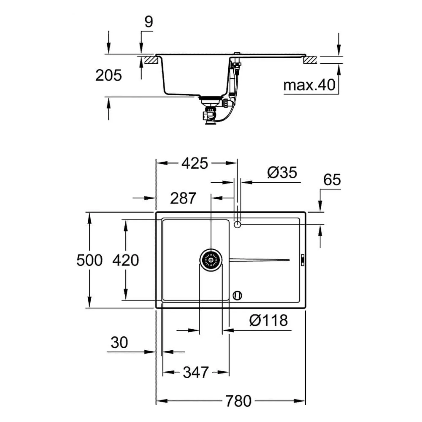 Кухонная мойка Grohe K400 Sink 50 780x500, черный гранит (31639AP0) - Фото 1