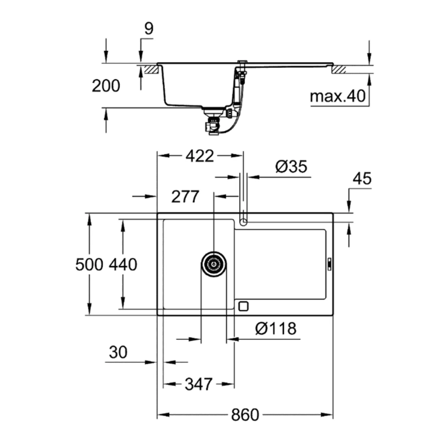 Мийка кухонна Grohe Sink K500 860х500, чорний граніт (31644AP0) - Фото 2