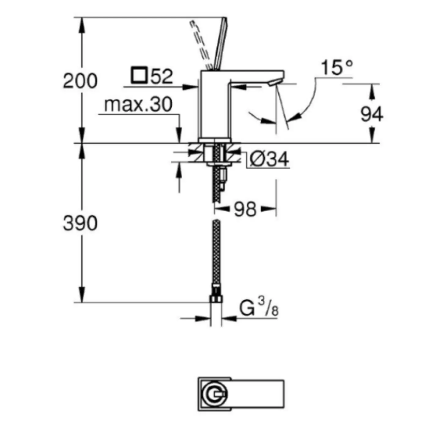 Смеситель для раковины Grohe Eurocube Joy S-size без донного клапана (23656000) - Фото 1