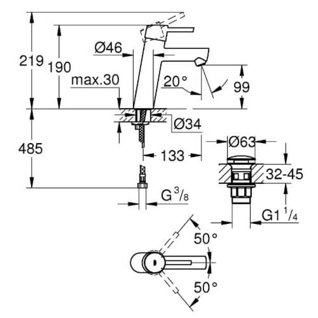 Смеситель для раковины Grohe Concetto M-Size + нажимной донный клапан- Фото 3