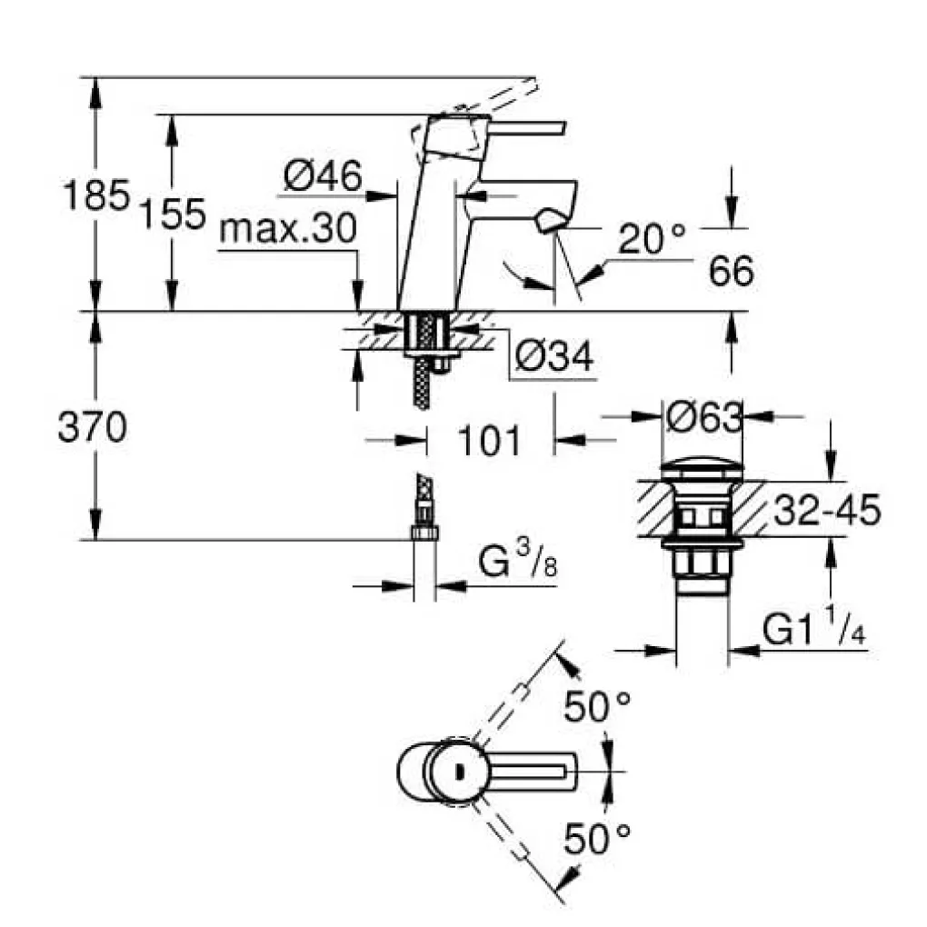 Смеситель для раковины Grohe Concetto S-Size + нажимной донный клапан- Фото 2
