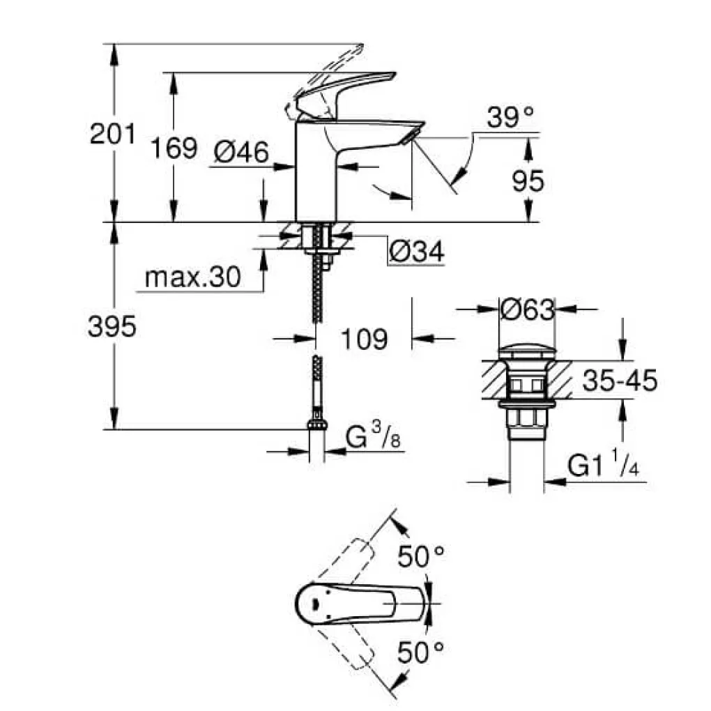 Смеситель для раковины Grohe Eurosmart New S-Size + нажимной донный клапан (23922003)- Фото 4