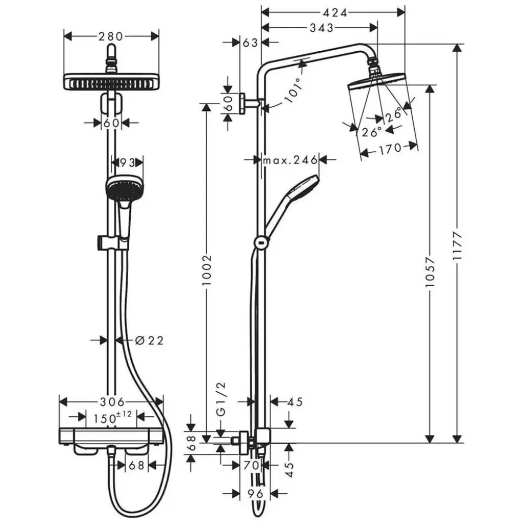 Душевая система Hansgrohe Croma E Showerpipe 280 1jet EcoSmart с термостатом (27660000)- Фото 2