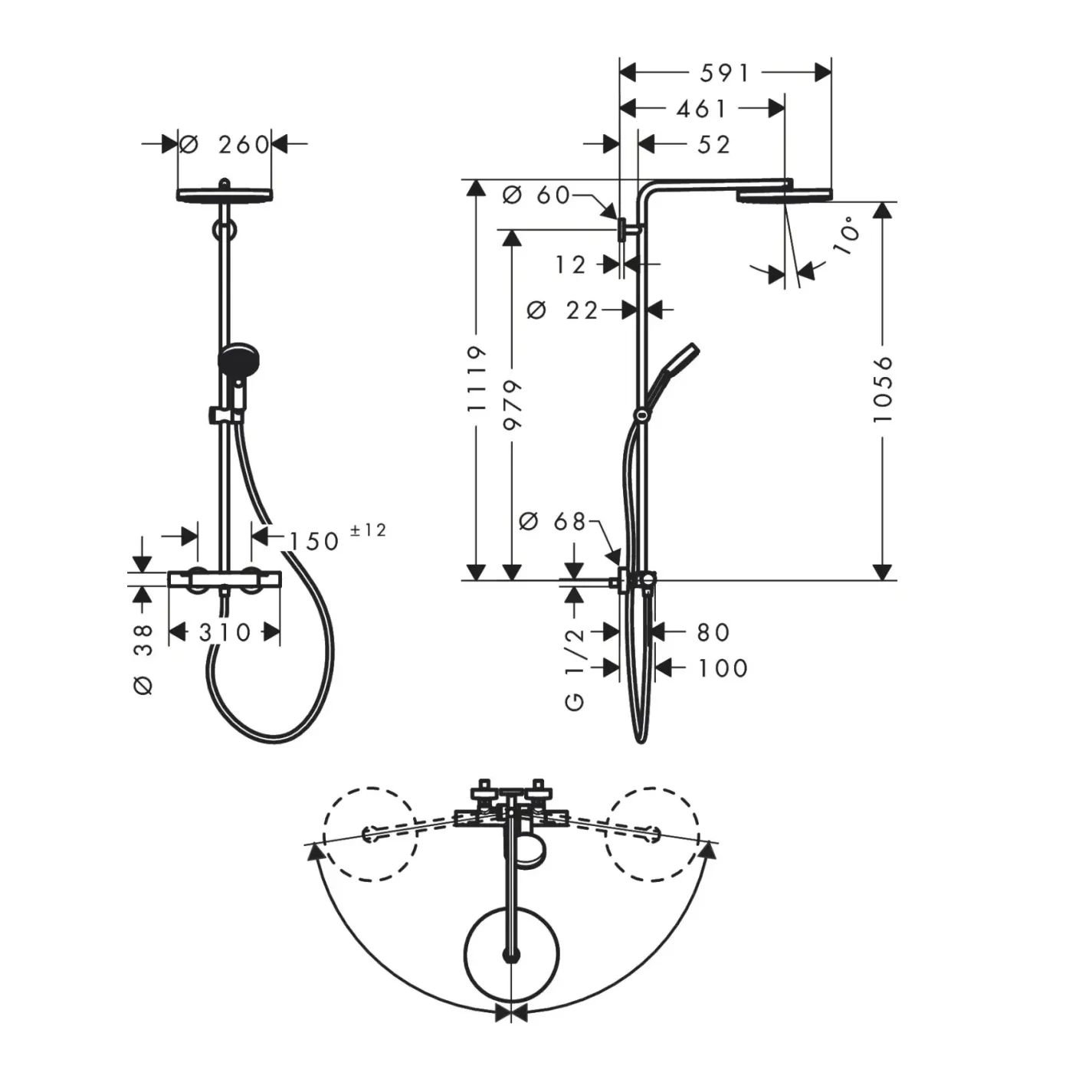 Душова система Hansgrohe Pulsify S Puro Showerpipe EcoSmart 260 1jet з термостатом чорний матовий (24237670) - Фото 3