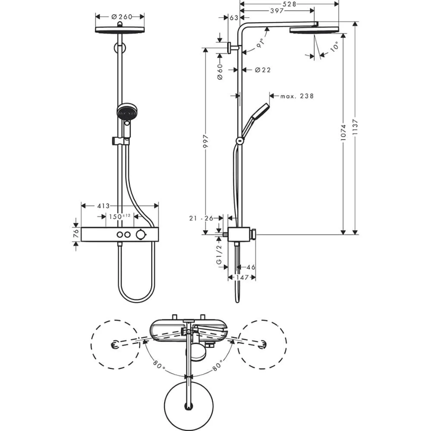 Душова система Hansgrohe Pulsify S Showerpipe 260 1jet 400, Matt Black (24220670) - Фото 1