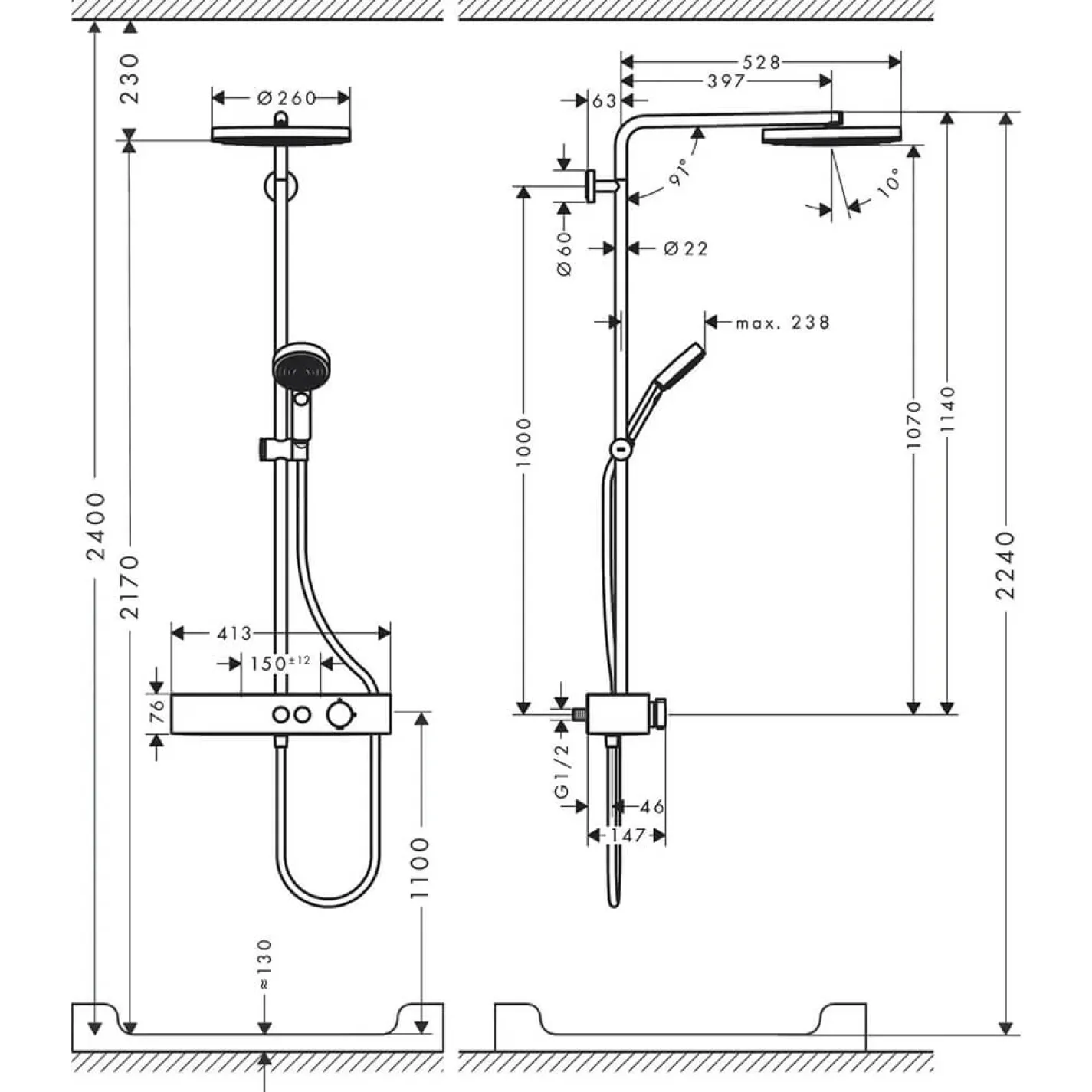 Душова система Hansgrohe Pulsify S Showerpipe 260 1jet 400 EcoSmart, Brushed Bronze (24221140) - Фото 1