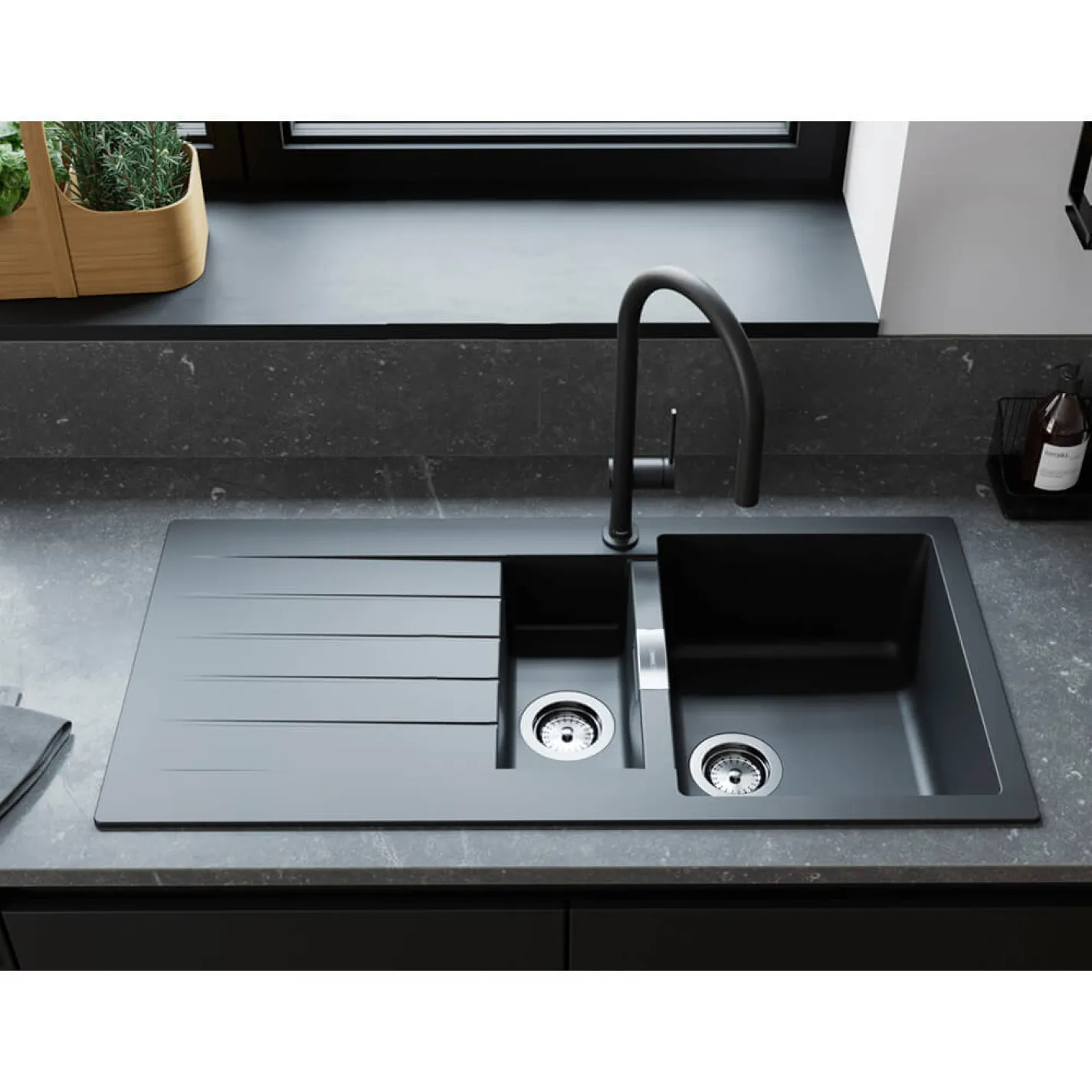 Кухонная мойка Hansgrohe S52, гранит, с крылом, чаша 1.5, врезная, серый (43357290) - Фото 1