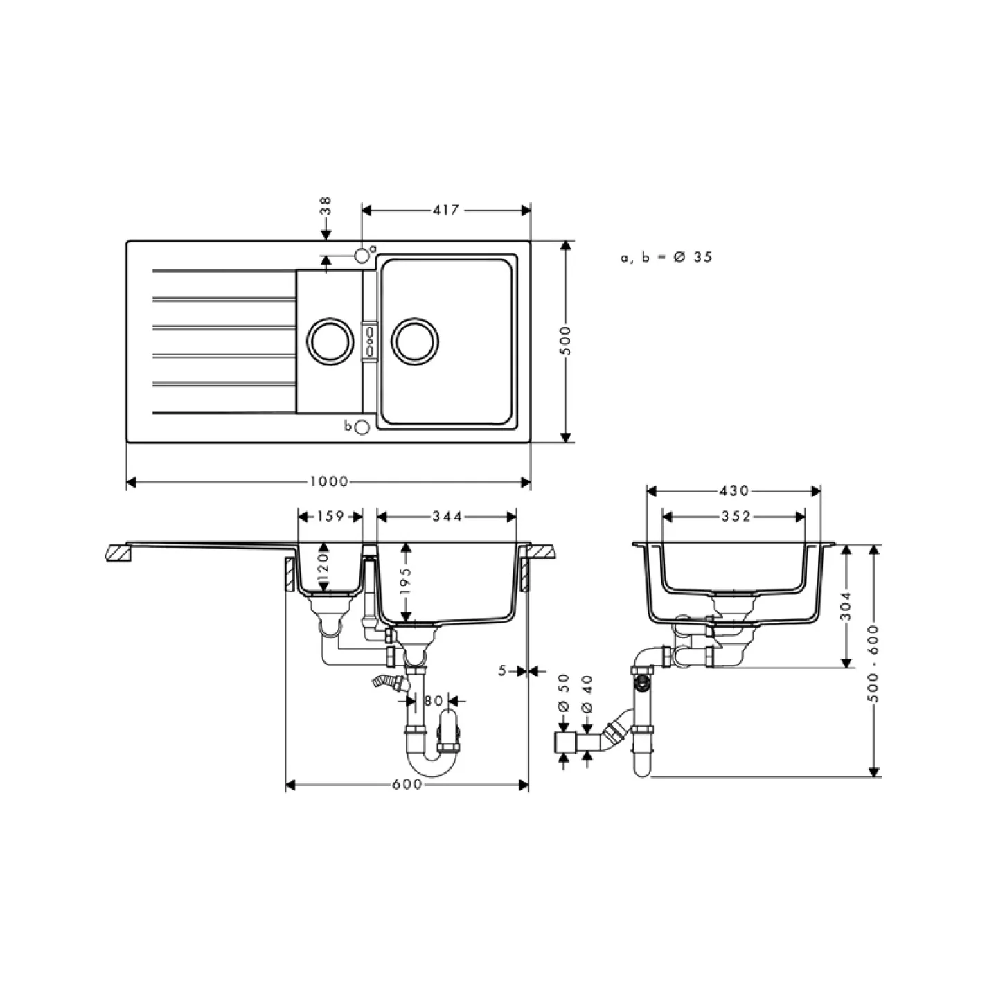 Кухонная мойка Hansgrohe S52, гранит, з сушилкою слева, черный графит (43357170) - Фото 1