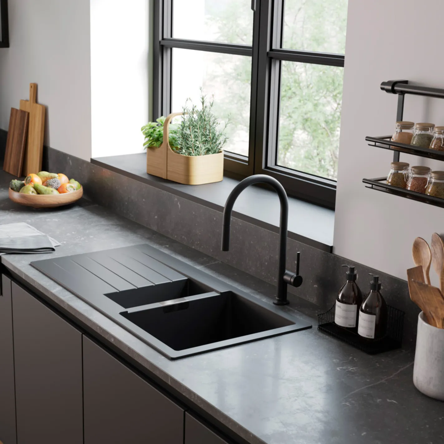 Кухонная мойка Hansgrohe S52, гранит, з сушилкою слева, черный графит (43357170) - Фото 2