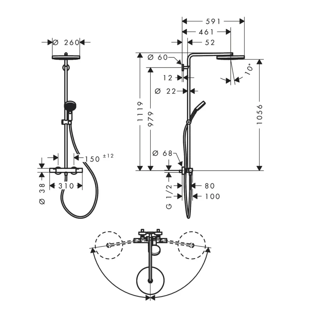 Душова система Hansgrohe Pulsify S Puro Showerpipe EcoSmart 260 1jet з термостатом чорний матовий (24237670)- Фото 4