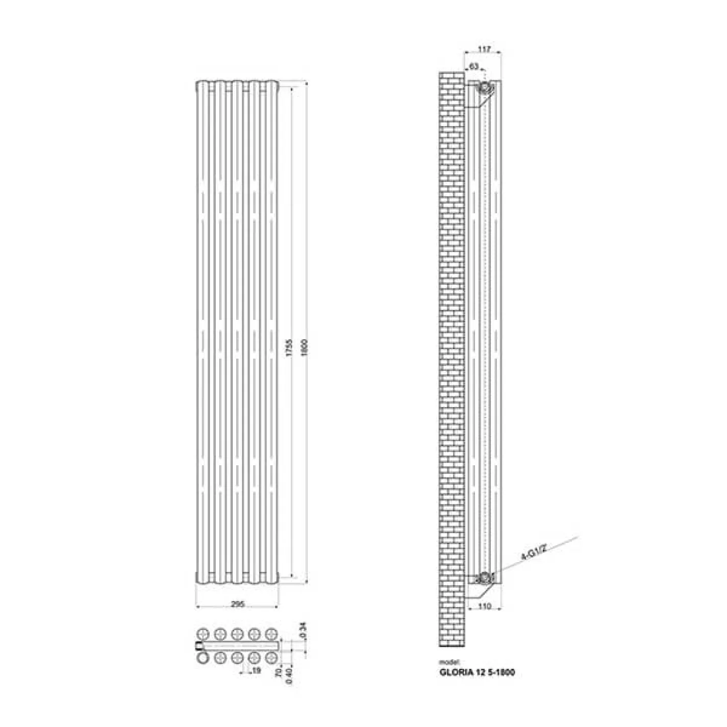 Радиатор дизайнерский IDEALE GLORIA 2 колонны 5 секций 1800x295 антрацит (Н) - Фото 2