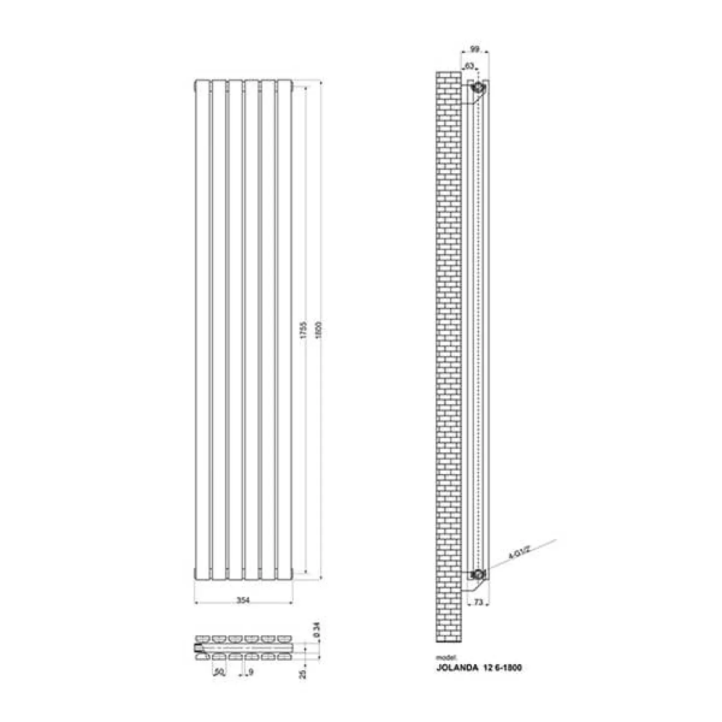 Радиатор дизайнерский IDEALE JOLANDA 2 колонны 6 секций 1800x354 белый матовый - Фото 2