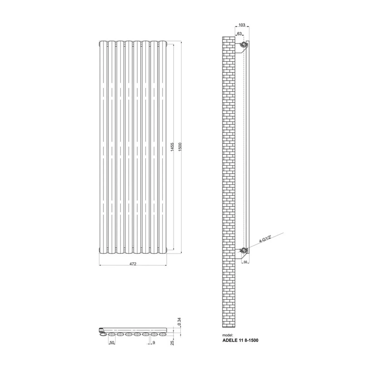 Трубчатый радиатор Ideale Adele 11 1 колонна 8 секций 1500x472 антрацит - Фото 2