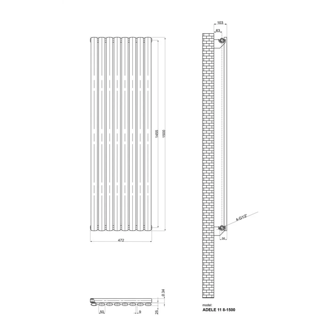 Трубчатый радиатор Ideale Adele 11 1 колонна 8 секций 1500x472 белый - Фото 2
