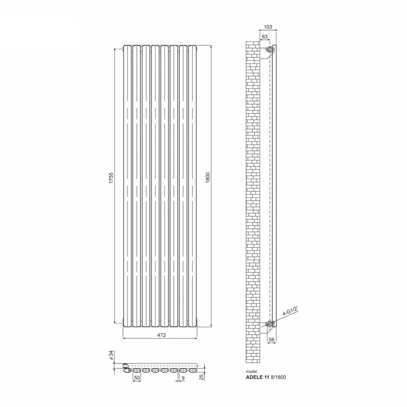 Трубчатый радиатор Ideale Adele 11 1 колонна 8 секций 1800x472 антрацит - Фото 2