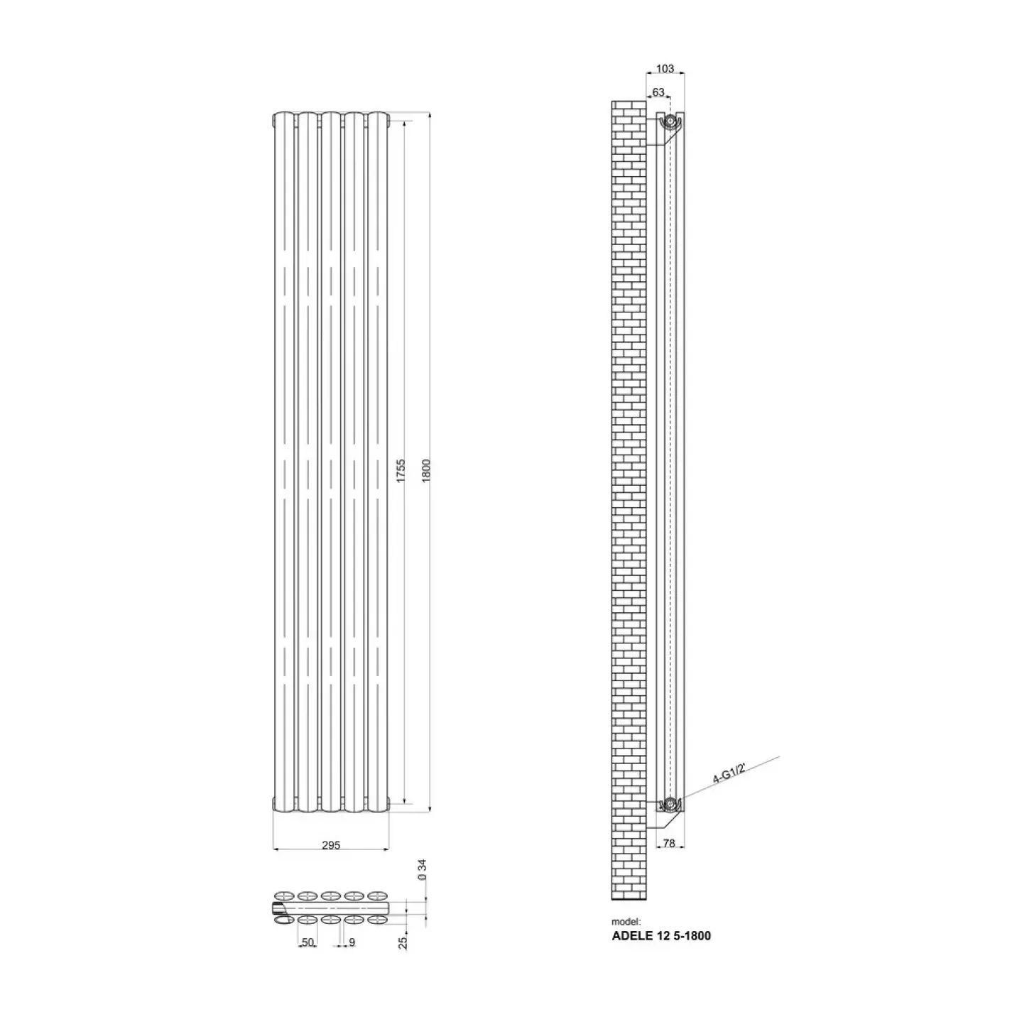 Трубчатый радиатор Ideale Adele 12 2 колонны 5 секций 1800x295 антрацит - Фото 2