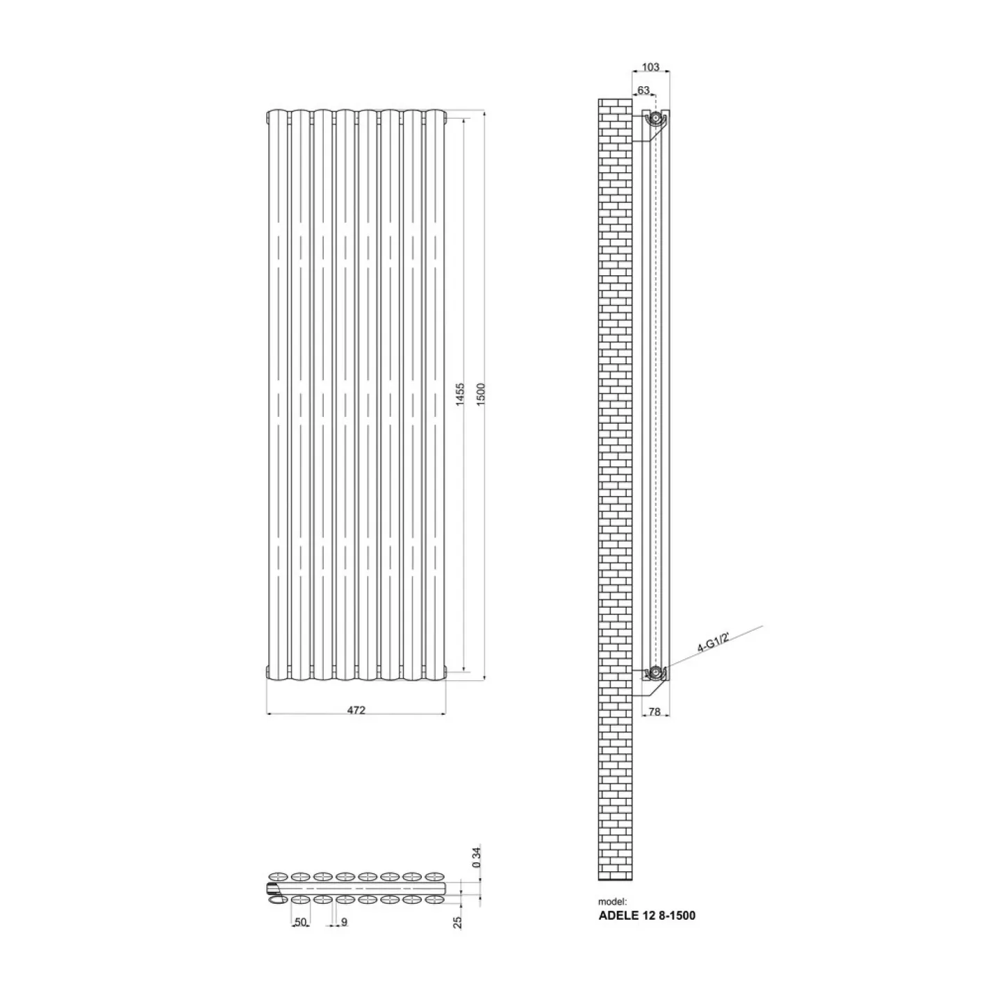 Трубчастий радіатор Ideale Adele 12 2 колони 8 секцій 1500x472 білий - Фото 2