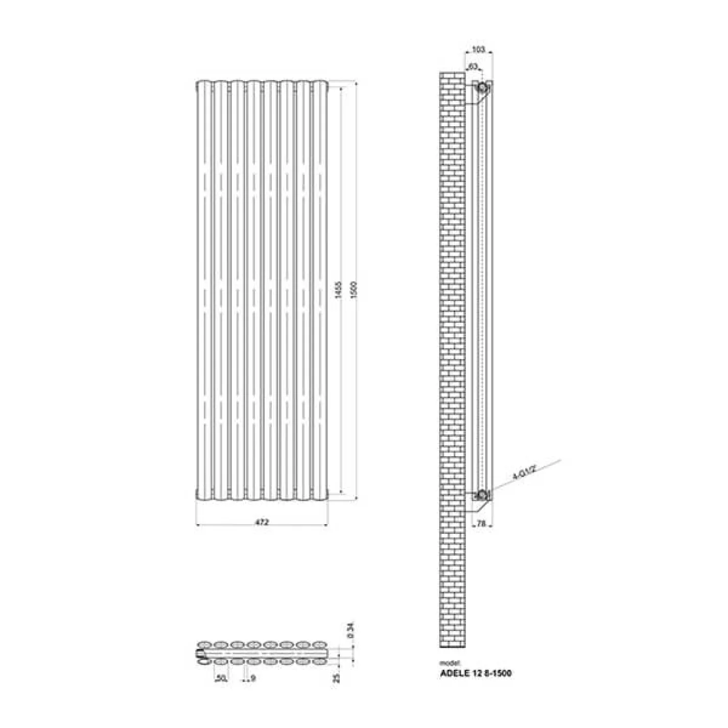 Трубчастый радиатор Ideale Adele 2 колонны 8 секций 1500x472 черный матовый - Фото 1