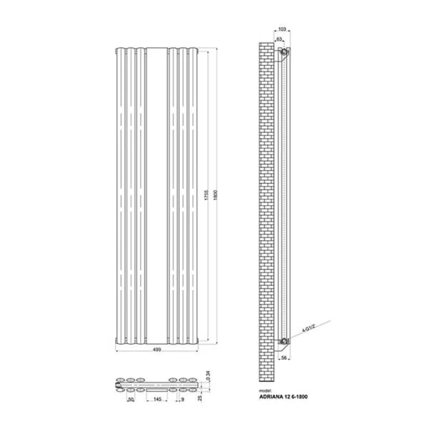 Трубчастый радиатор Ideale Adriana 1 колонна 6 секций антрацит 1800x499 (с зеркалом) - Фото 1