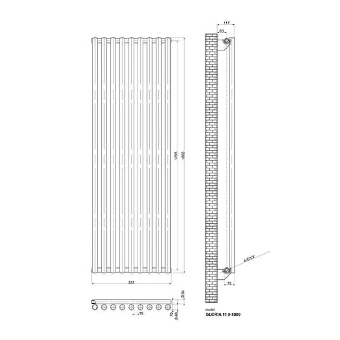 Трубчастий радіатор Ideale Gloria 1 колона 9 секцій антрацит 1800x531 - Фото 2