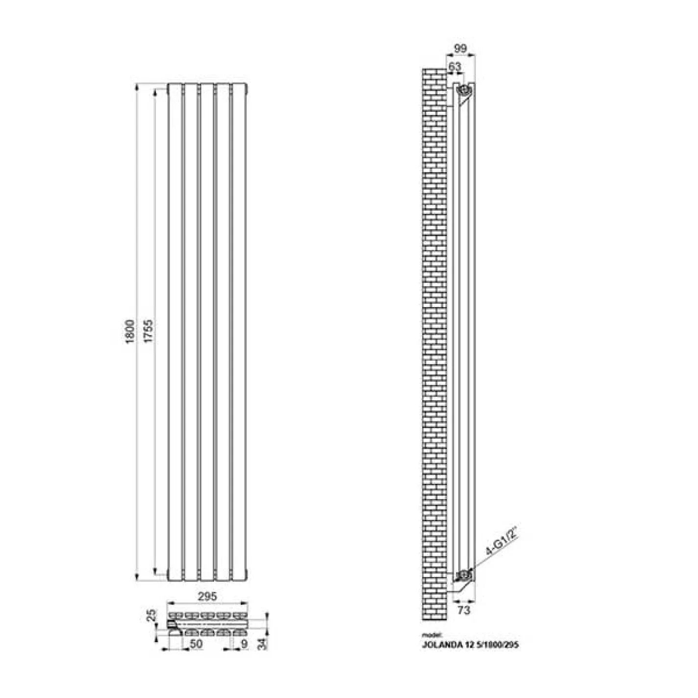 Трубчастий радіатор Ideale Jolanda 2 колони 5 секцій 1800x295 білий матовий - Фото 2