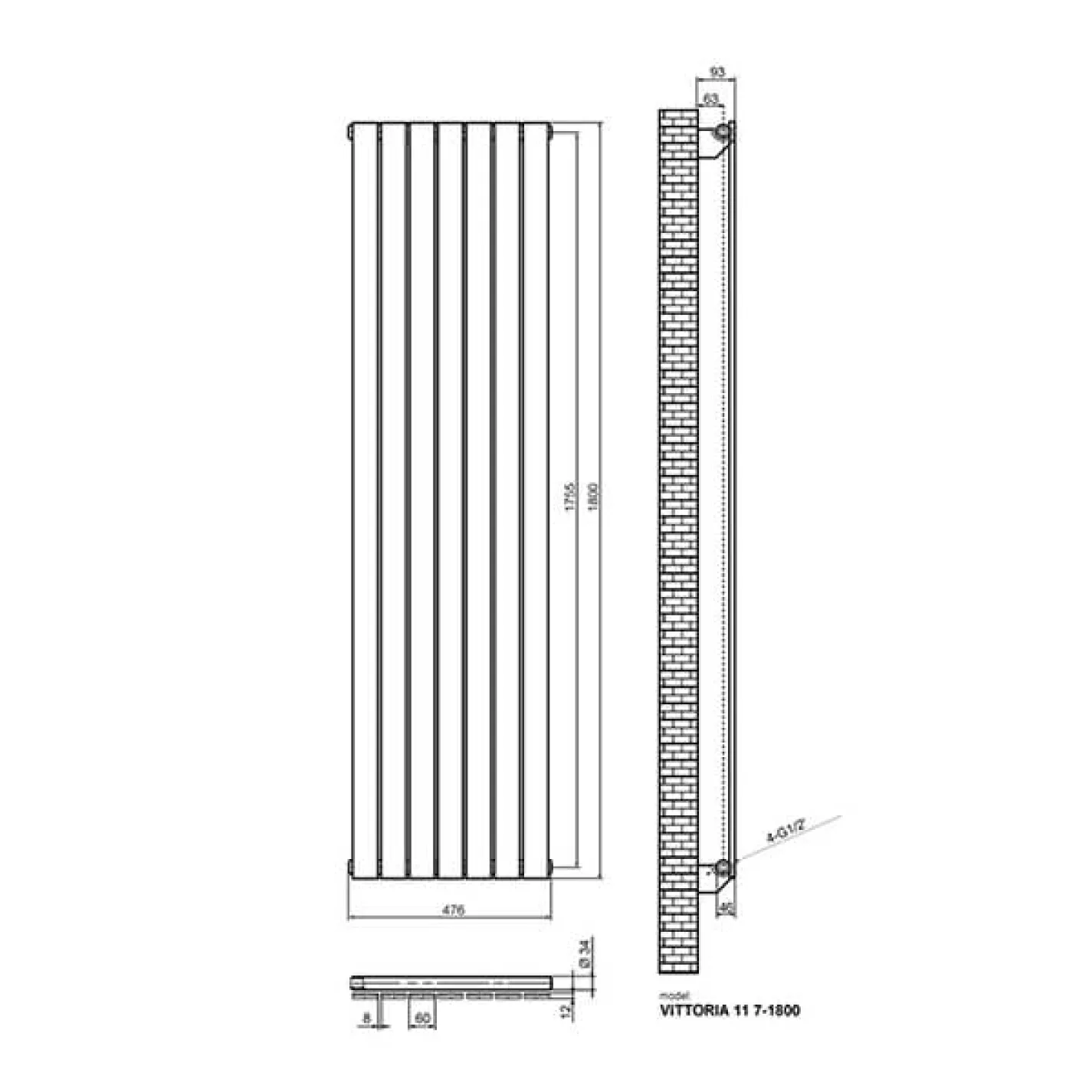 Трубчастый радиатор Ideale Vittoria 1 колонна 7 секций 1800x476 антрацит - Фото 2