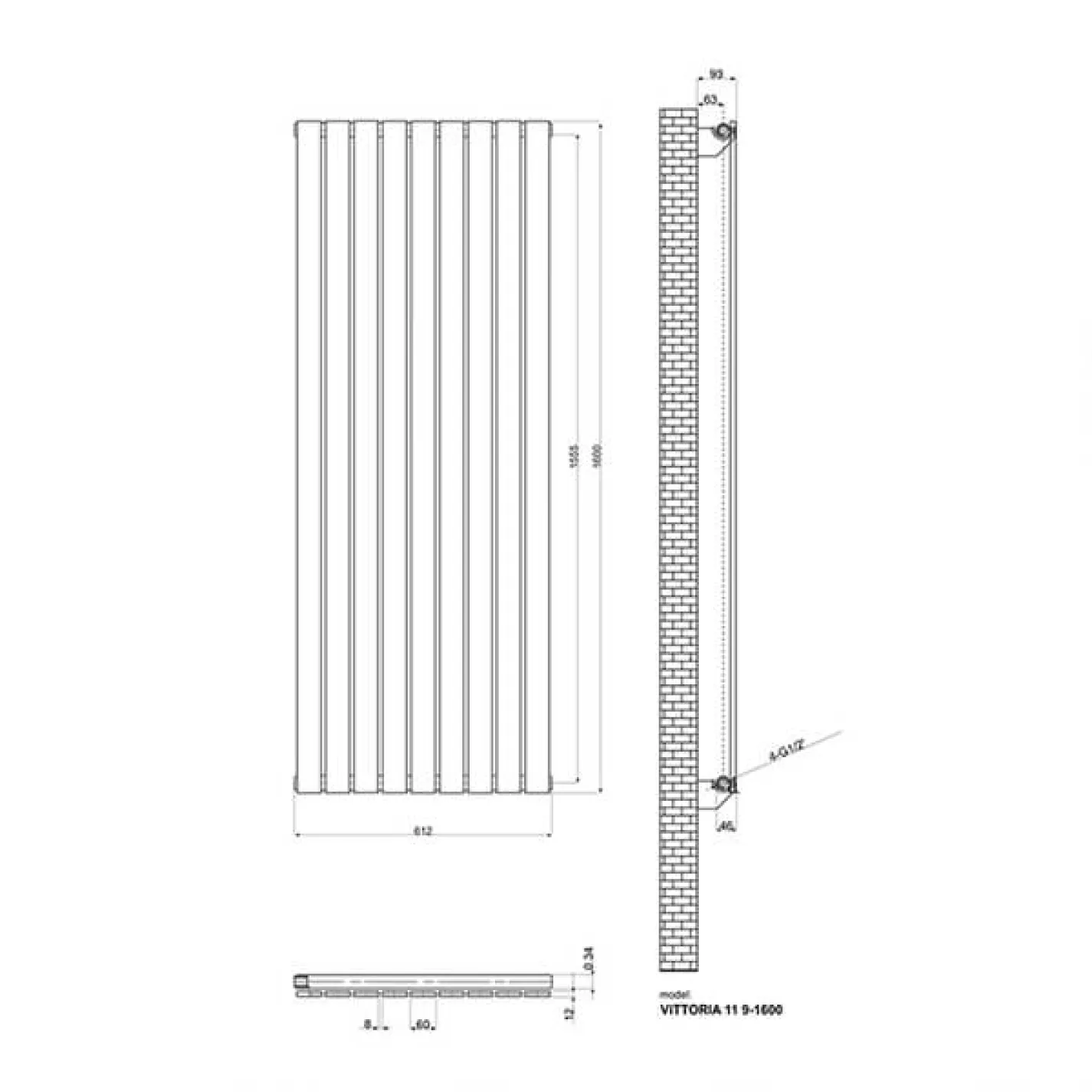 Трубчастий радіатор Ideale Vittoria 1 колона 9 секцій 1600x612 антрацит - Фото 1
